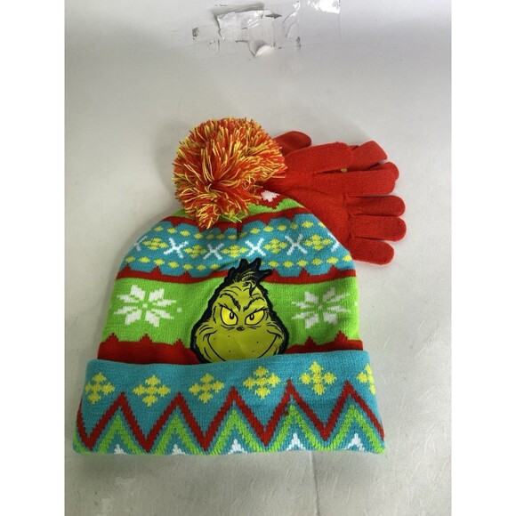 The Grinch Youth Kids Boys Girls Multicolor Beanie Hat Cap With Gloves Set OSFM - Picture 1 of 6